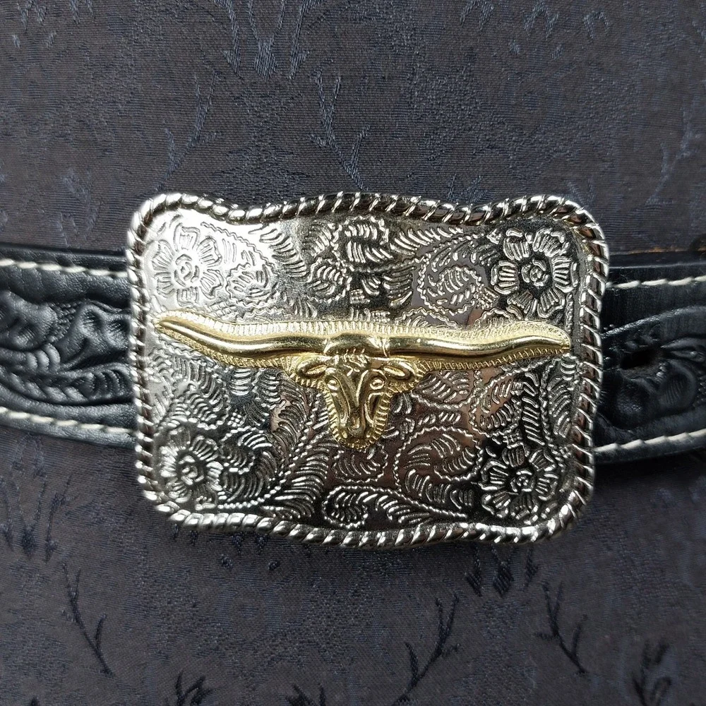 Western Tooled Leather Belt Youth L 28/30 Black Square Silver Steer Buckle